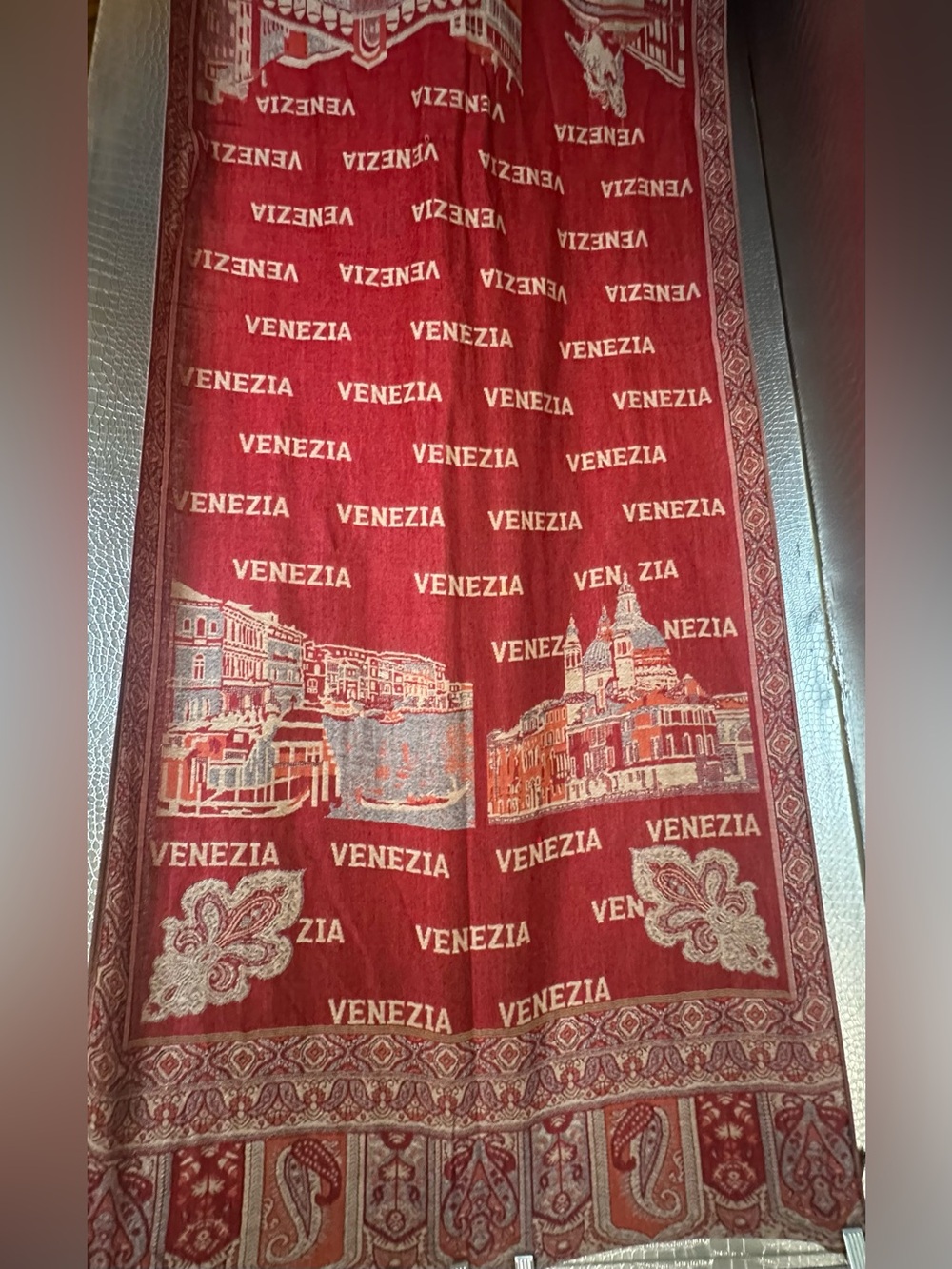 Venezia Red and White Rectangular Logo Scarf Wrap with Paisley Accents